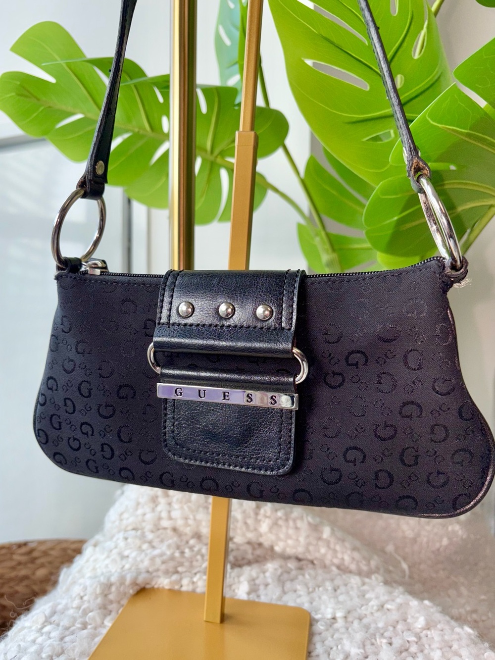 Vintage Y2K GUESS Black Monogram Baguette Shoulder Bag Silver Hardware